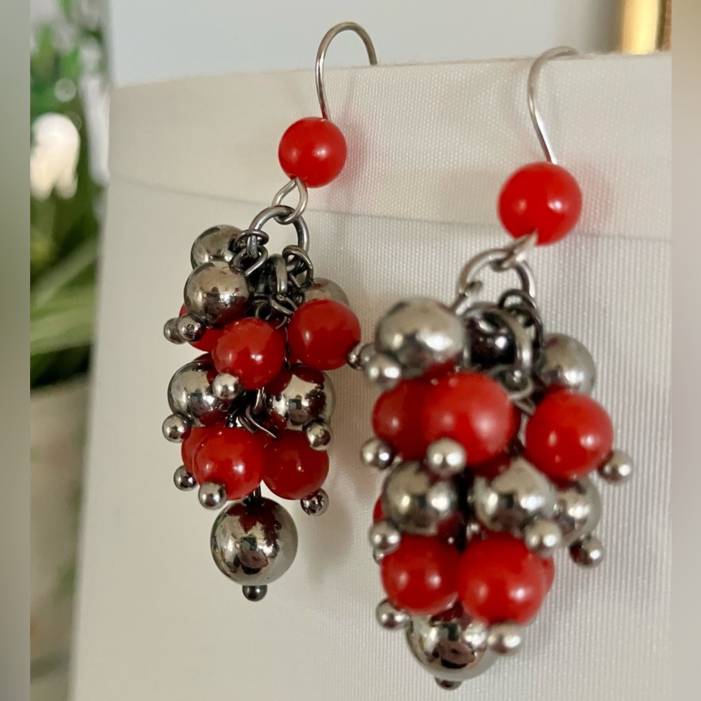 Chic red coral and hematite cluster dangle earrings
